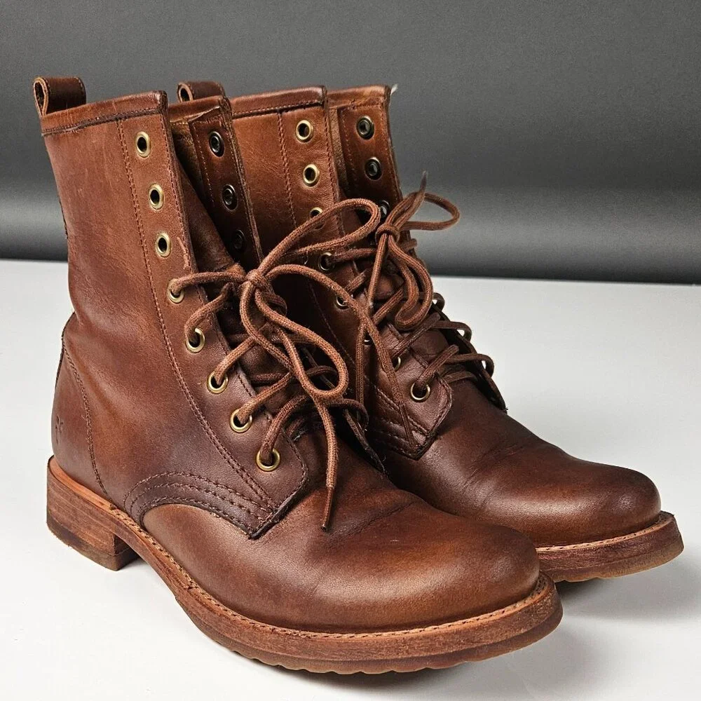 FRYE Veronica Combat Boot Cognac Brown Tan - Leather - Picture 9 of 16